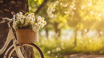 Wicker basket with a bouquet of dandelions and retro bottle on the background of the spring landscape / bicycle picnic outdoors - obrazy, fototapety, plakaty