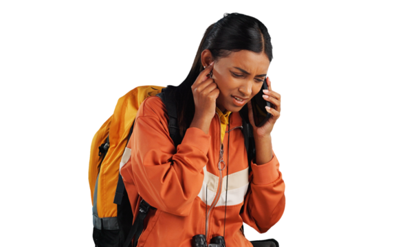 Woman, hiking and phone call or problem conversation or camp directions or lost, trekking or mistake. Female person, cellphone signal and isolated transparent png background, reception or connection