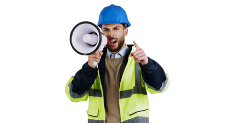 Portrait, megaphone and angry with man construction worker isolated on transparent background for management. Architect, building and design with unhappy engineer shouting instructions on PNG