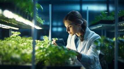Woman, thinking or tablet in biology laboratory in plant science, medical research or food engineering. Mature scientist, worker or technology for green sustainability, growth innovation or ideas