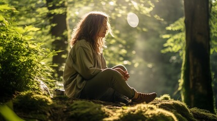 Woman sitting in green forest enjoys the silence and beauty of nature - obrazy, fototapety, plakaty