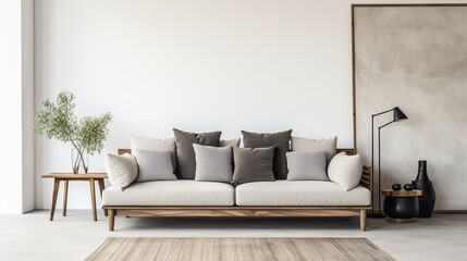 Fototapeta na wymiar Wooden sofa with dark pillows in scandi style living room