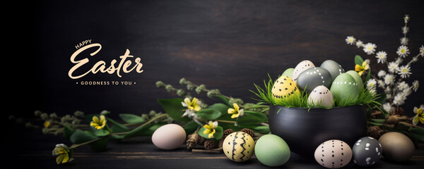 Easter Eggs in a Potted Plant - Colorful and Festive - obrazy, fototapety, plakaty