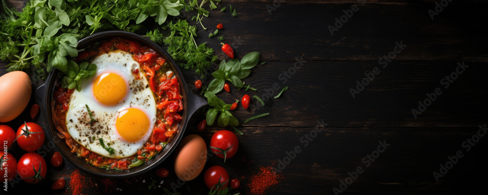 Poster A delicious cooked meal, featuring a large pan with vegetables, tomatoes, and peppers, on a wooden dining table