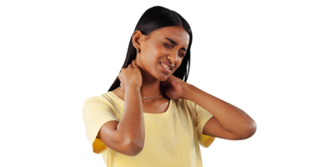 Neck pain, health and woman with spine issue, emergency and person isolated on transparent background. Muscle, pressure or fibromyalgia with girl or sick with burnout, png or injury with inflammation