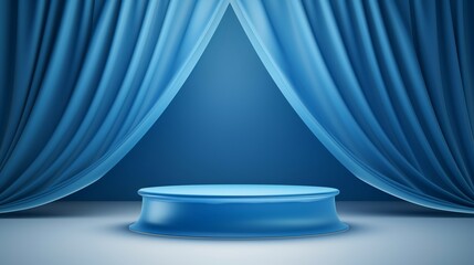 3d podium blue background and fabric curtain with spotlight luxury