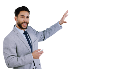 Portrait, presentation and space with a business man isolated on transparent background for information. Smile, speech and checklist with a happy young corporate employee on PNG for workshop coaching