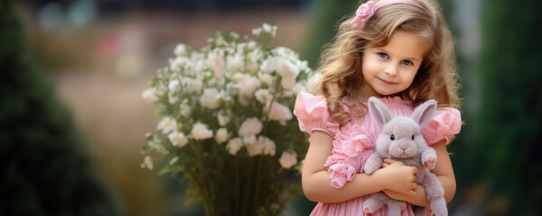 A little girl holding a cute white rabbit stuffed toy, Fictional Character Created By Generated AI.
