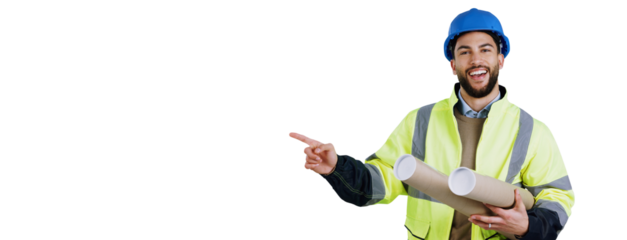 Engineer, man and portrait with pointing or blueprint for architect design, building project and sketch. Construction worker, face and happy with hand gesture isolated on a png transparent background