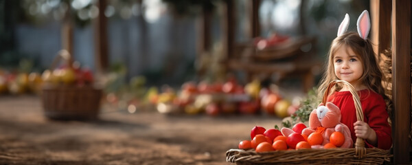 Obraz premium A young girl with bunnies in her basket - natural and wholesome scene, Fictional Character Created By Generated AI.