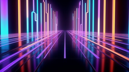 Abstract neon light fluorescent Neon Lights glow ,Reflection on water, exhibition background 3D illustration