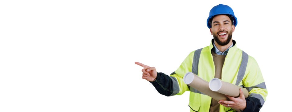 Engineer, man and portrait with pointing or blueprint for architect design, building project and sketch. Construction worker, face and happy with hand gesture isolated on a png transparent background
