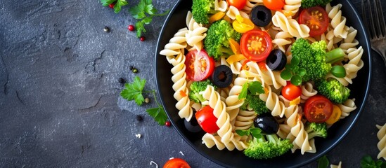 Delicious pasta dish with fresh tomatoes, broccoli, and olives on a white plate