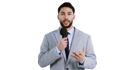 Portrait, microphone and news report with man isolated on transparent background for live broadcast. Media, speech or television with confident young anchor or journalist in suit for reporting on PNG