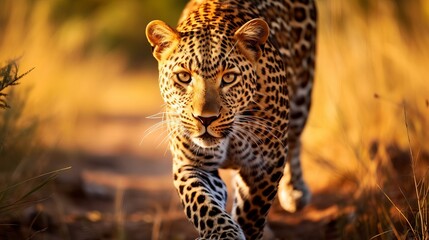 Africa wildlife. Leopard, Panthera pardus shortidgei, nature habitat, big wild cat in the nature habitat, sunny day on the savannah, Okavango delta Botswana. Wildlife nature