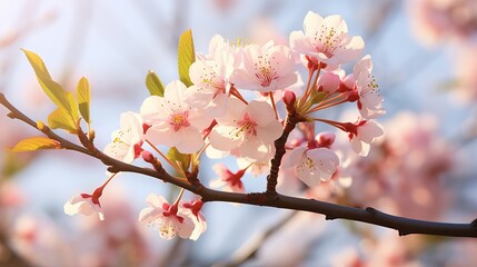 Almond tree bloom, orchard tree flower. sunny spring day blue sky background, close up view. Springtime season blossom