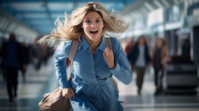 photo of a woman rushing to her flight 