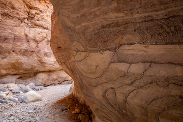 Unique patterns on surface of high mountains of tourist route of gorge Wadi Al Ghuwayr or An Nakhil and the wadi Al Dathneh near Amman in Jordan