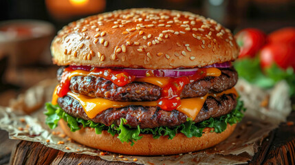 Delicious homemade hamburger with fresh vegetables on white table closeup