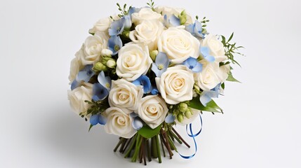 Bridal bouquet of white rose in bright colors with blue handle isolated on white