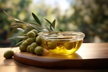 Fototapeten Fresh olives in a bowl with a bottle of extra virgin olive oil against olive trees in the background.  © Azra