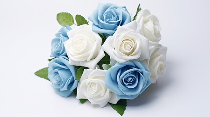 Obraz na płótnie Canvas Bridal bouquet of white rose in bright colors with blue handle isolated on white