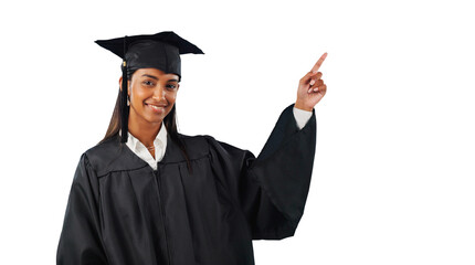 Woman, graduate and portrait or pointing for university recommendation for information, registration or choice. Female person, hand gesture and isolated transparent png background, college or school
