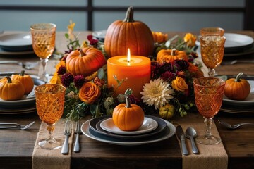 Obraz na płótnie Canvas Festive Thanksgiving Table Candles, Glasses, Lights, Flowers, and Pumpkins