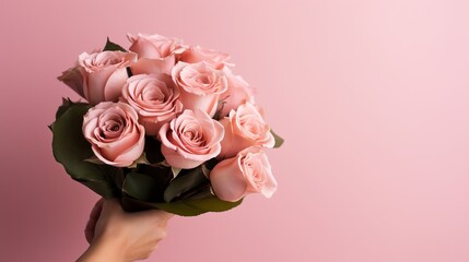 Close up cropped photo of male hold in hands bouquet of flowers isolated on pastel pink wall background. Copy space advertising mock up. Valentine's Day Women's Day birthday holiday party concept