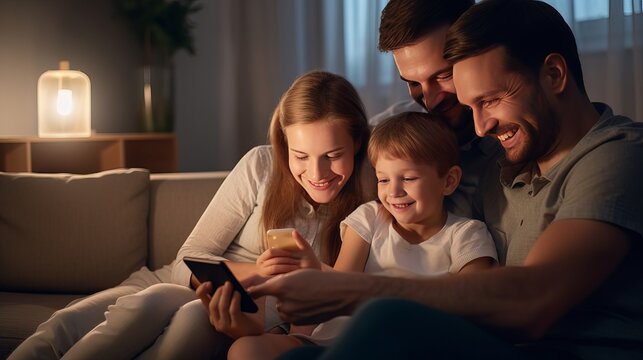 Cheerful Young Family With Kids Laughing Watching Funny Video On Smartphone Sitting On Couch Together, Parents With Children Enjoying Playing Games Or Entertaining Using Mobile Apps On Phone At Home