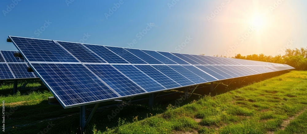 Wall mural Beautiful landscape with solar panels on a rural agricultural farm under the clear sky