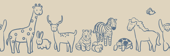 Hand drawn wildlife animals doodle vintage style seamless pattern