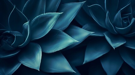 Closeup agave cactus, abstract natural pattern background and textures, dark blue toned