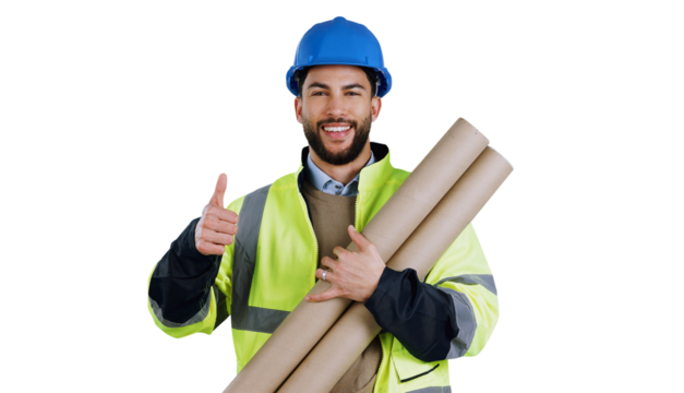 Man, portrait and architect or thumbs up for blueprints as construction building, recommendation or renovation. Male person, face and isolated on transparent png background, project planning or site