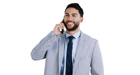 Business, phone call and man with a smile, communication or accountant isolated on transparent background. Broker, trader or worker with cellphone or mobile user with conversation, png or digital app