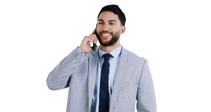 Business, phone call and man with a smile, communication or accountant isolated on transparent background. Broker, trader or worker with cellphone or mobile user with conversation, png or digital app