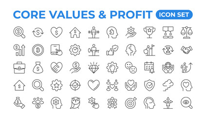 mission, vision & value icon set. Outline illustration of icons. Core values line icons. Integrity. Vision, Social Responsibility, Commitment, Personal Growth, Innovation, Family, and Problem-Solving.