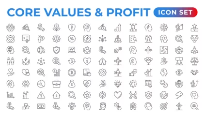 Foto op Aluminium mission, vision & value icon set. Outline illustration of icons. Core values line icons. Integrity. Vision, Social Responsibility, Commitment, Personal Growth, Innovation, Family, and Problem-Solving. © artnazu