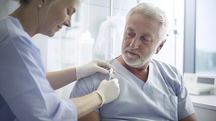 Doctor making injection to senior patient in clinic