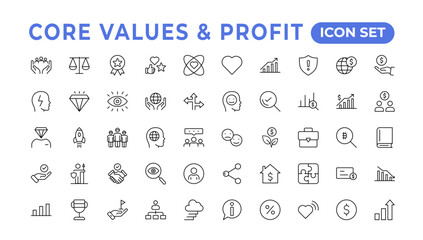 Value and Profit icons set. Outline illustration of icons. .Core values line icons. Integrity. Vision, Social Responsibility, .Commitment, Personal Growth, vector line iconset. - obrazy, fototapety, plakaty