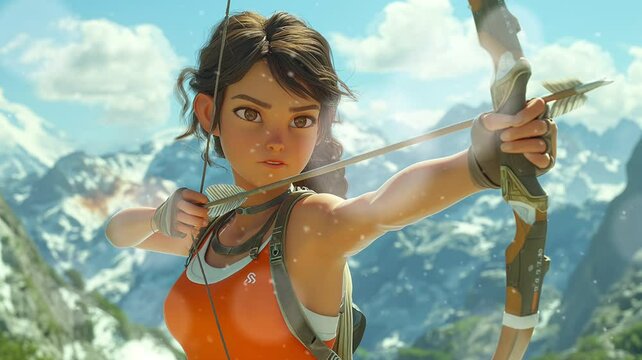 A woman engaged in archery, gracefully drawing the bowstring and focusing on her target with determination. Her poised stance reflects both strength and elegance, creating a captivating image of preci