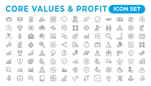 Value and Profit icons set. Outline illustration of icons. .Core values line icons. Integrity. Vision, Social Responsibility, .Commitment, Personal Growth, vector line iconset.