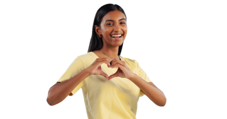 Indian woman, portrait and heart, hands for gesture or emoji, support and charity on png transparent background. Happy, donation and wellness with love, sign or icon for Valentines day and romance