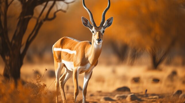 Endangered species Blackbuck in Bishnoi village forest reserve area. Beautiful male and female blackbuck captured with all movement in natural habitat. Rare animal portrait. Beautiful wall mounting