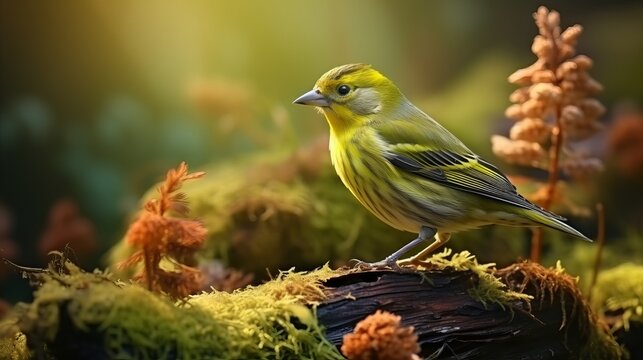 Eurasian siskin sits in the forest by the water and drinks. Carduelis spinus. song bird in the nature habitat. wildlife scene from nature. Winter scene with song bird