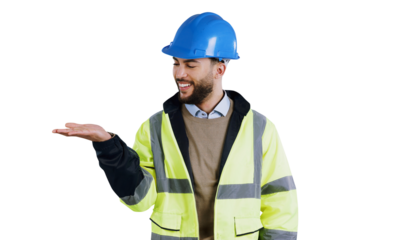 Man, architect and palm for advertising or marketing as contractor or isolated transparent png background. Male person, hard hat and hand out gesture for build recommendation, service or construction