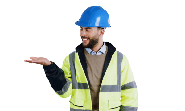 Man, architect and palm for advertising or marketing as contractor or isolated transparent png background. Male person, hard hat and hand out gesture for build recommendation, service or construction