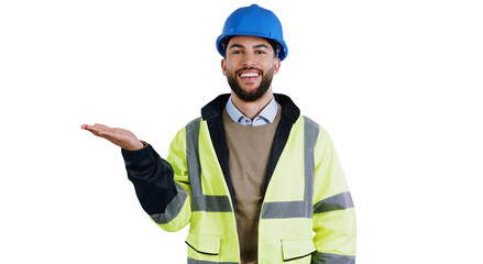 Man, portrait and architect with advertising palm or marketing as contractor or isolated transparent png background. Male person, hand out and gesture or build recommendation, service or construction