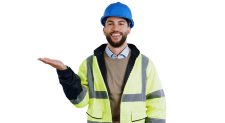 Man, portrait and architect with advertising palm or marketing as contractor or isolated transparent png background. Male person, hand out and gesture or build recommendation, service or construction