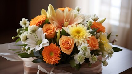 Gerbera, tulips and mix of summer flowers bouquet for the wedding in the Florida. Orange roses, lily and gerbera flowers bouquet in the brown box getting ready for delivery